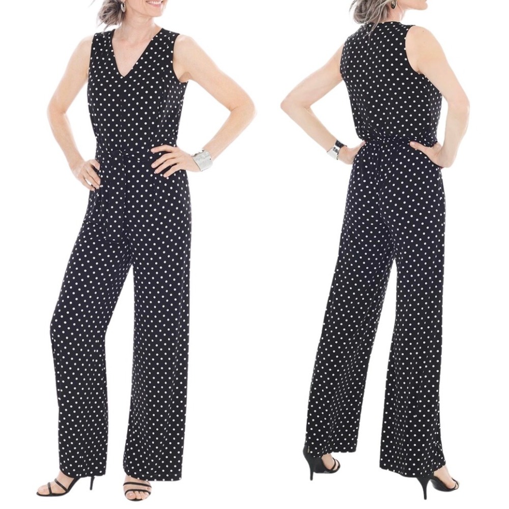 Chicos Polka‎ Dot Wide Leg Jumpsuit Black White Sleeveless V-Neck Size 3 XL 16